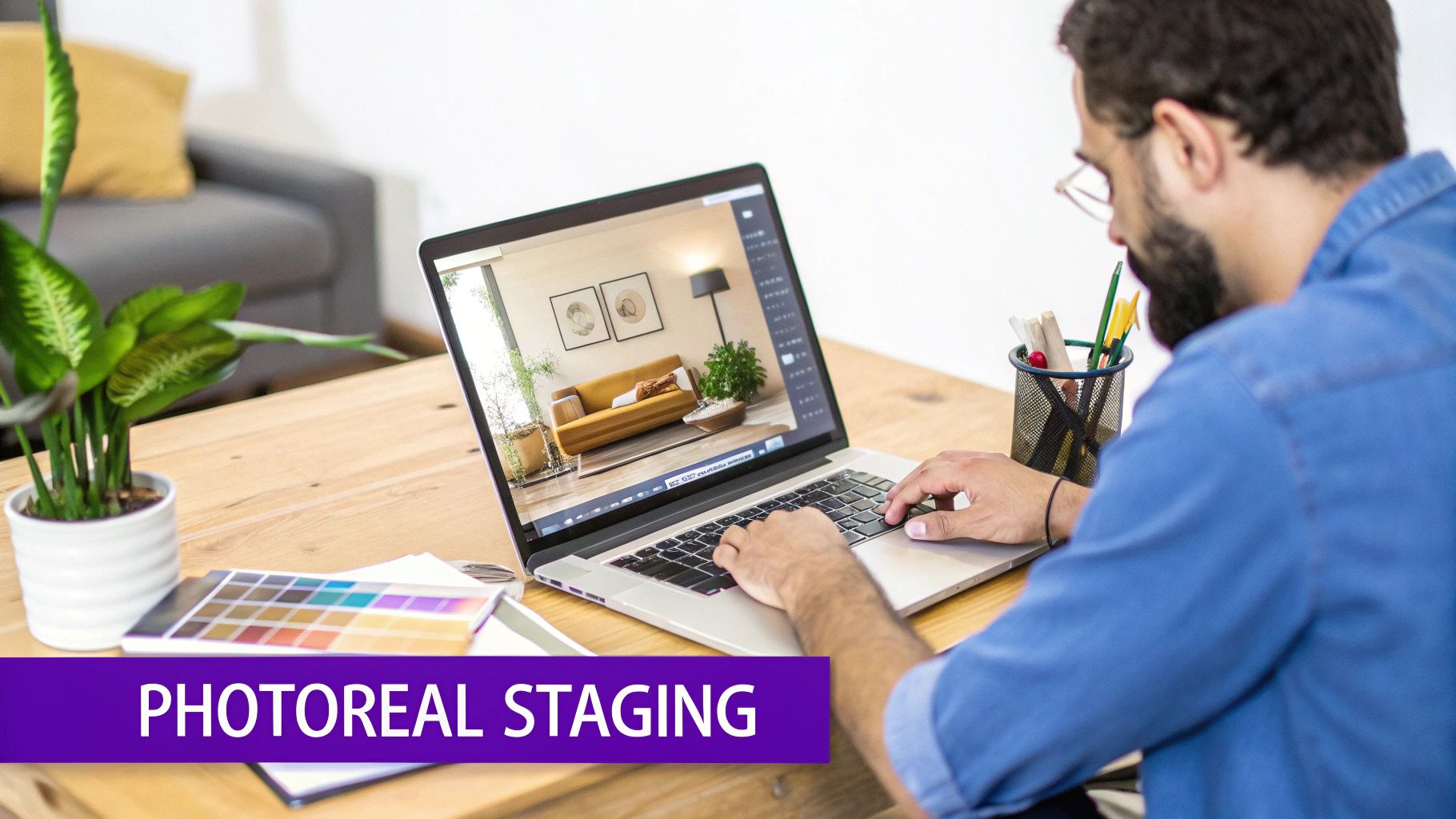 A man is working on a laptop, creating photoreal interior designs on a wooden desk.