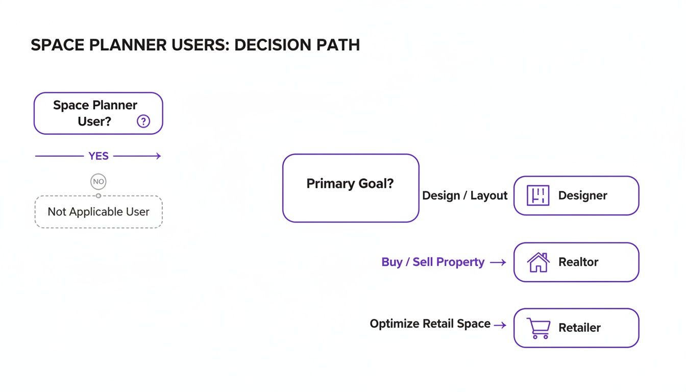 Flowchart illustrating Space Planner Users' decision path, categorizing them by goals into Designer, Realtor, or Retailer.