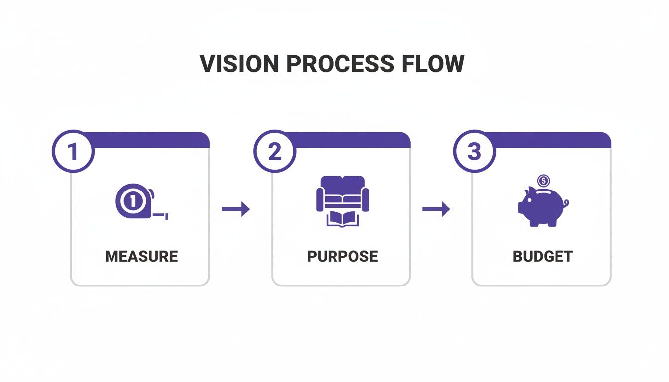 Vision process flow diagram illustrating three essential steps: Measure, Purpose, and Budget with icons.