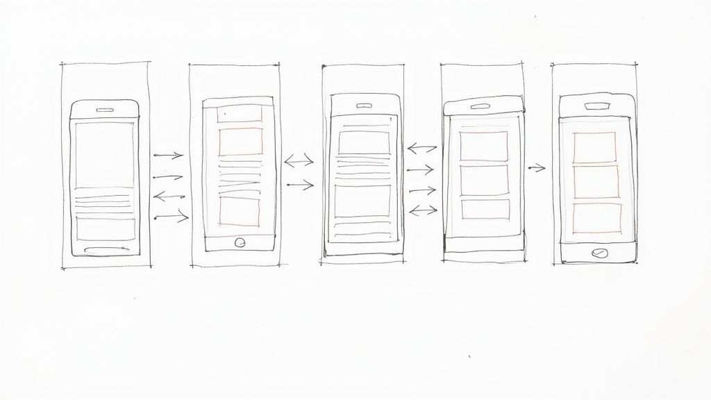 Low-fidelity wireframe sketches for a mobile application layout
