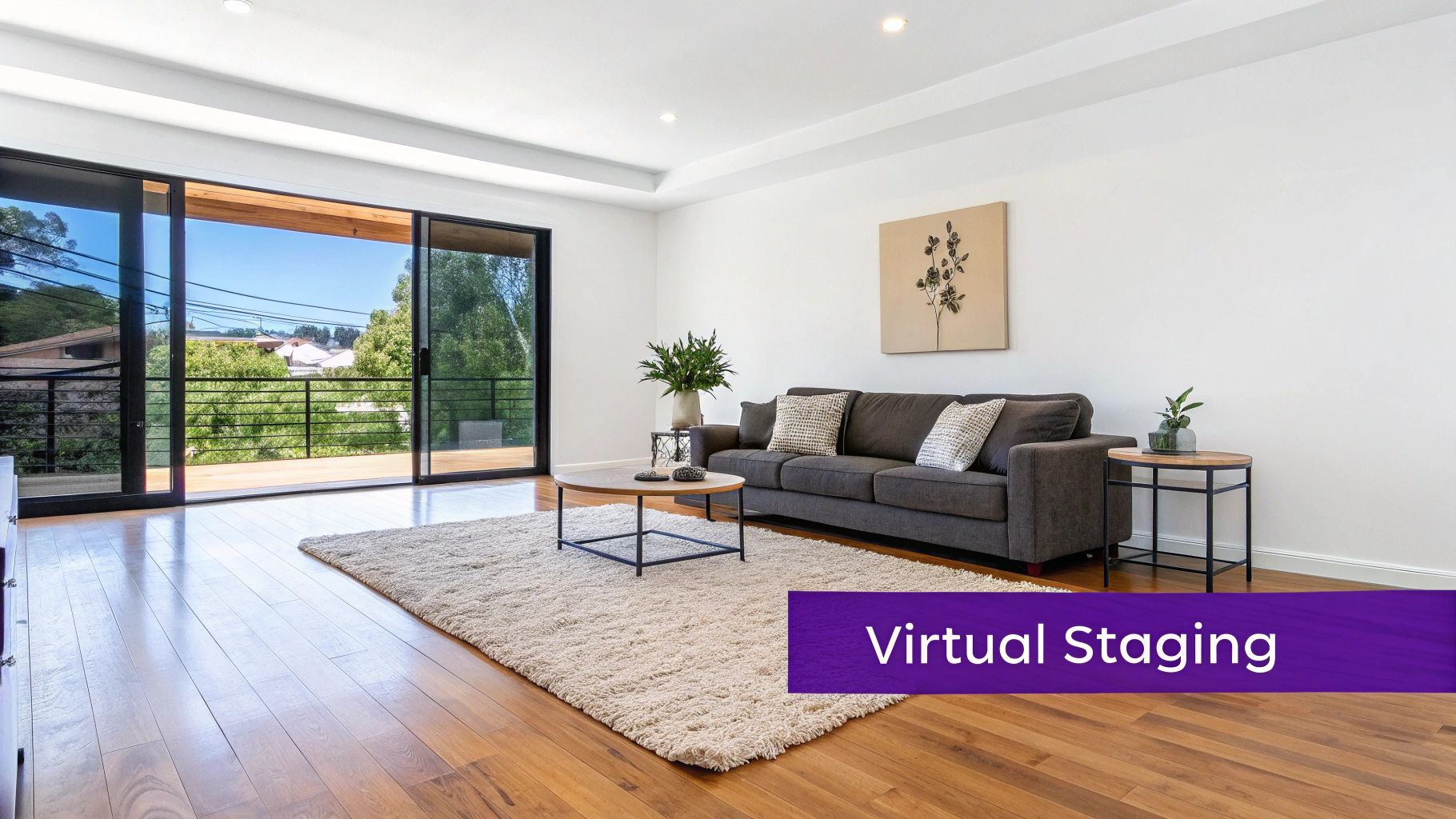 A virtually staged living room showing a comparison between an empty room and a furnished one.