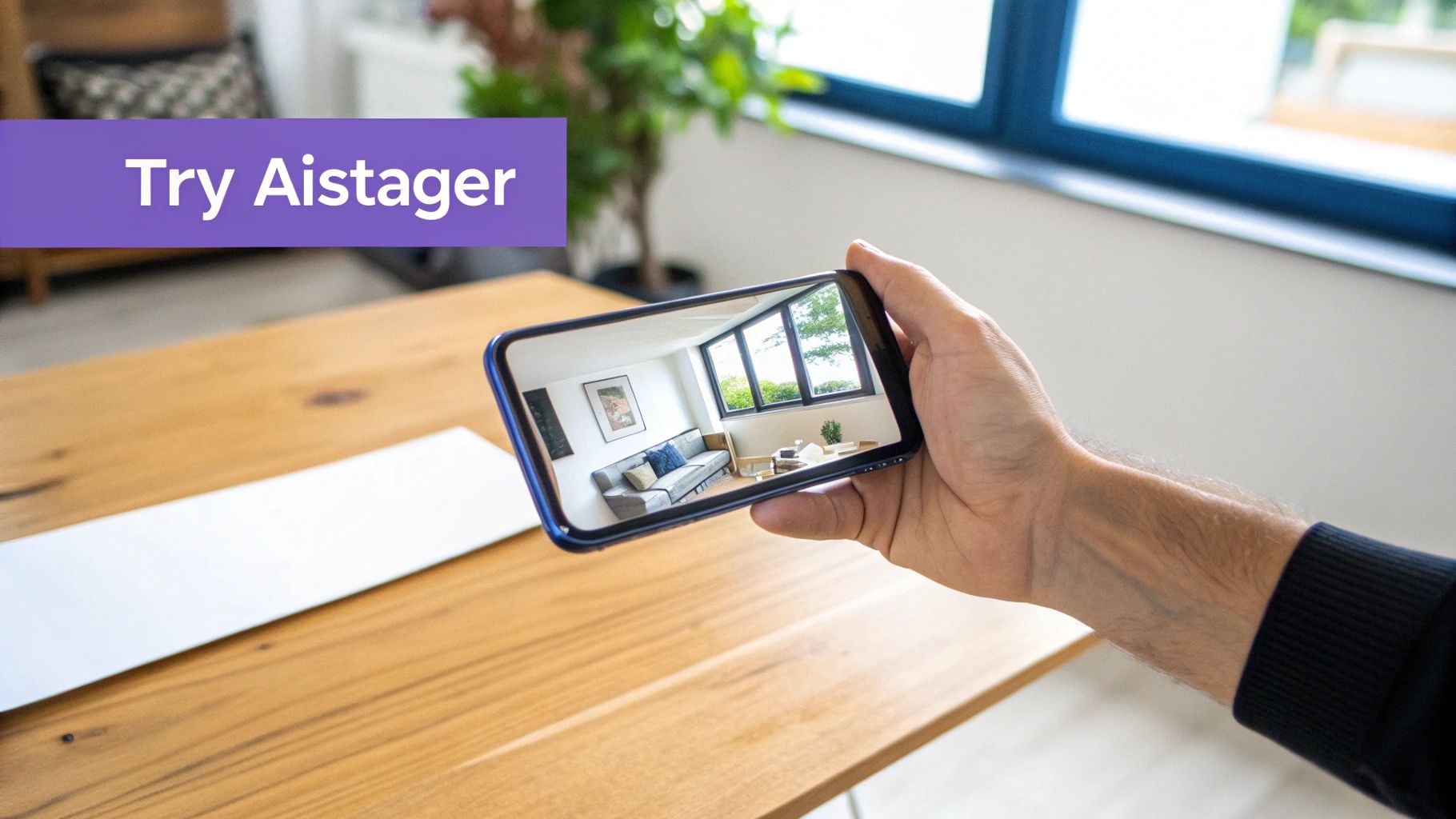 A hand holds a smartphone showing a modern living room interior with a sofa and windows, overlaid with 'Try Aistager' banner.