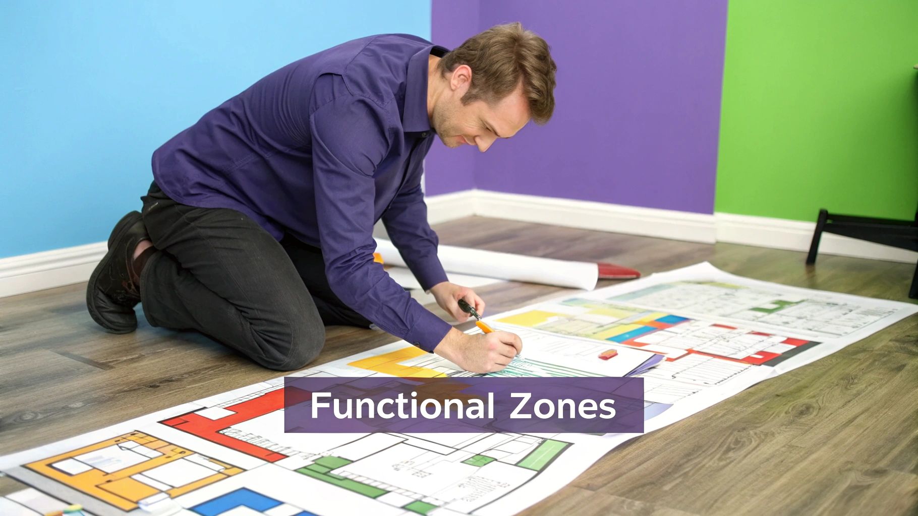 A person at a desk surrounded by design swatches and plans, thoughtfully considering their interior design project.