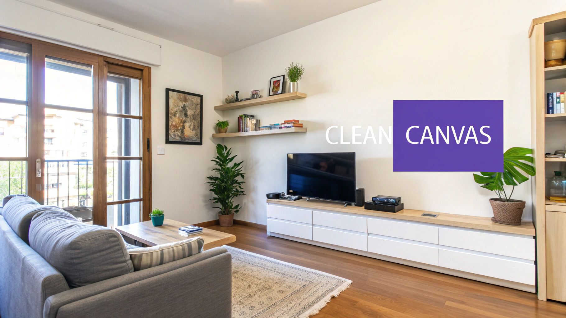 A bright and modern living room with a grey sofa, wooden furniture, green plants, and a large TV.