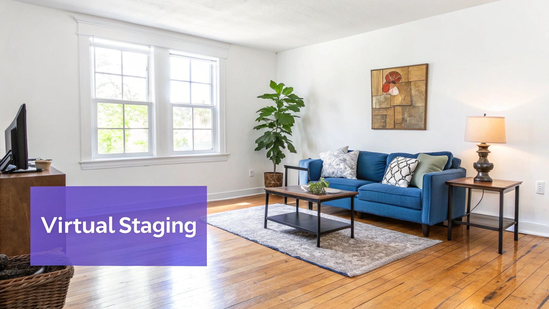 An empty room being virtually staged with modern furniture on a computer screen