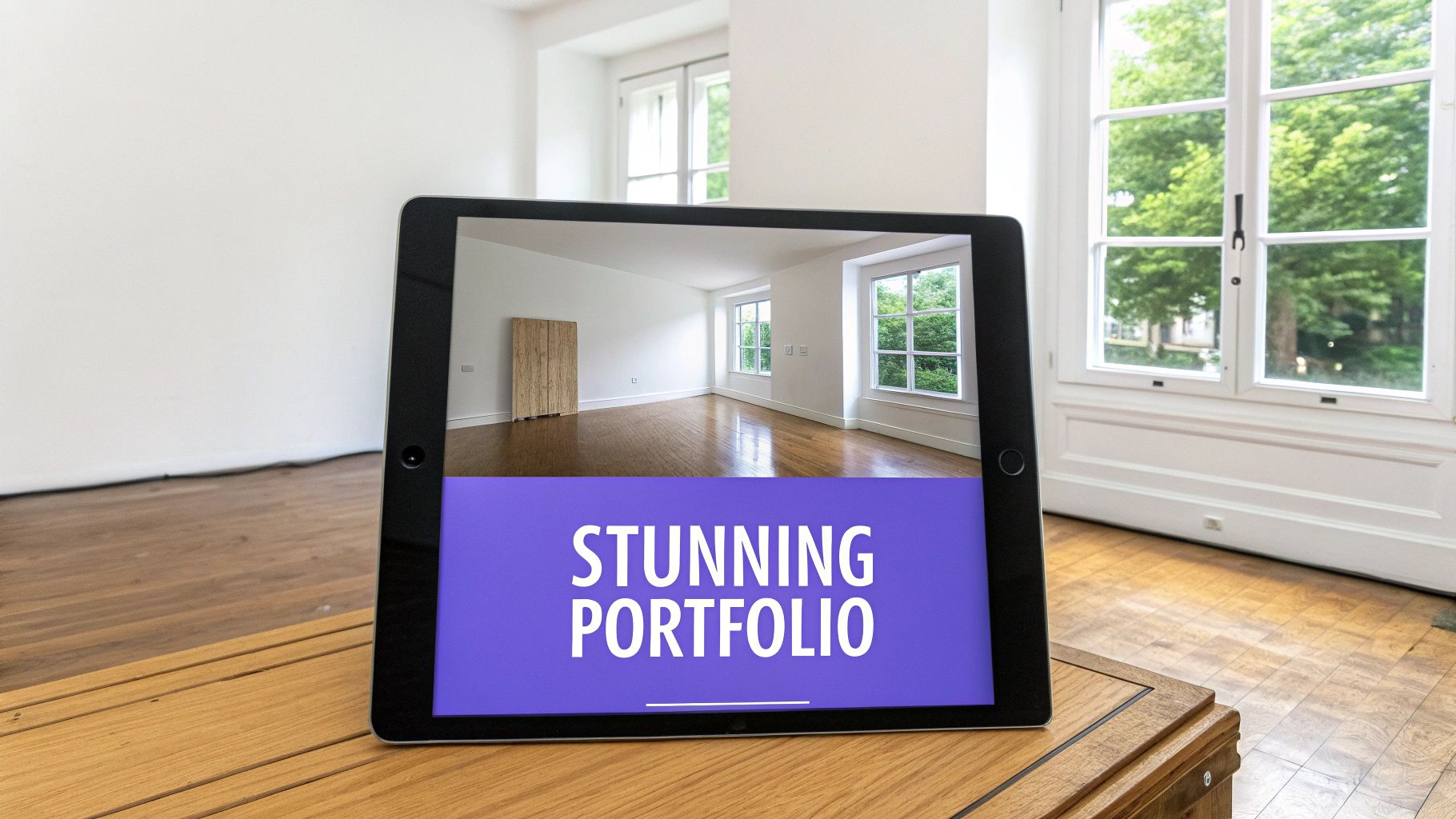 A tablet on a wooden table displays a virtually staged empty room with the words "STUNNING PORTFOLIO".