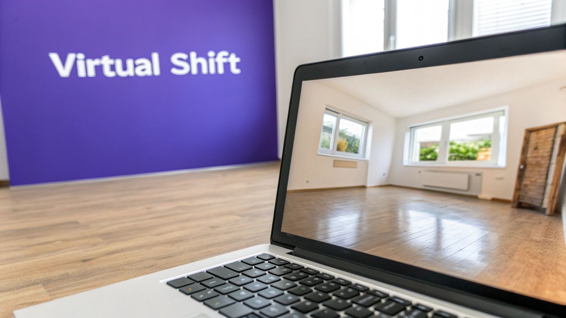 A laptop screen displays an empty room, with 'Virtual Shift' on a purple wall in the background.