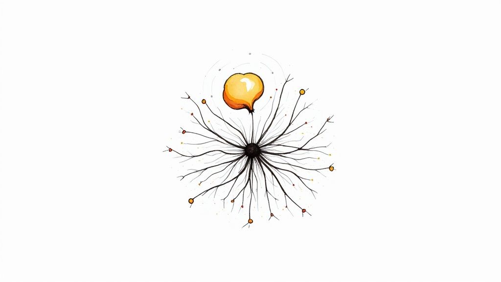 A minimalist icon featuring a stylized brain with interconnected nodes, representing AI and neural networks.
