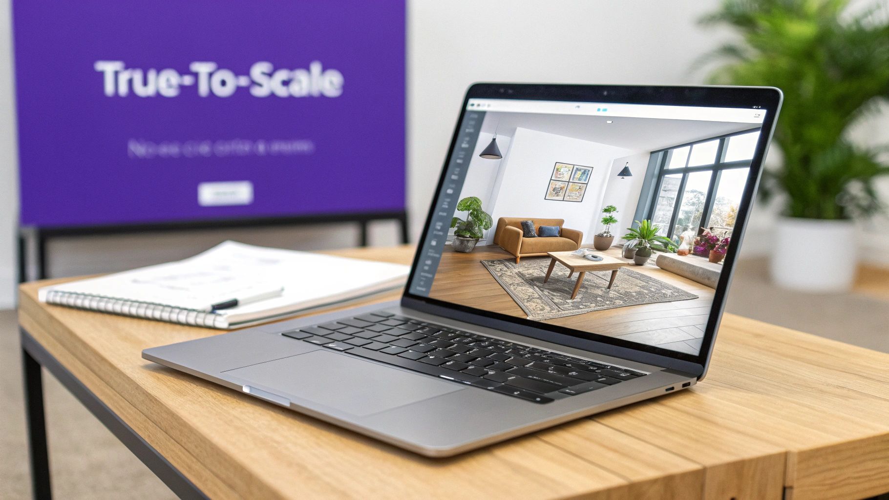 A laptop on a wooden desk displays interior design software showing a modern living room.