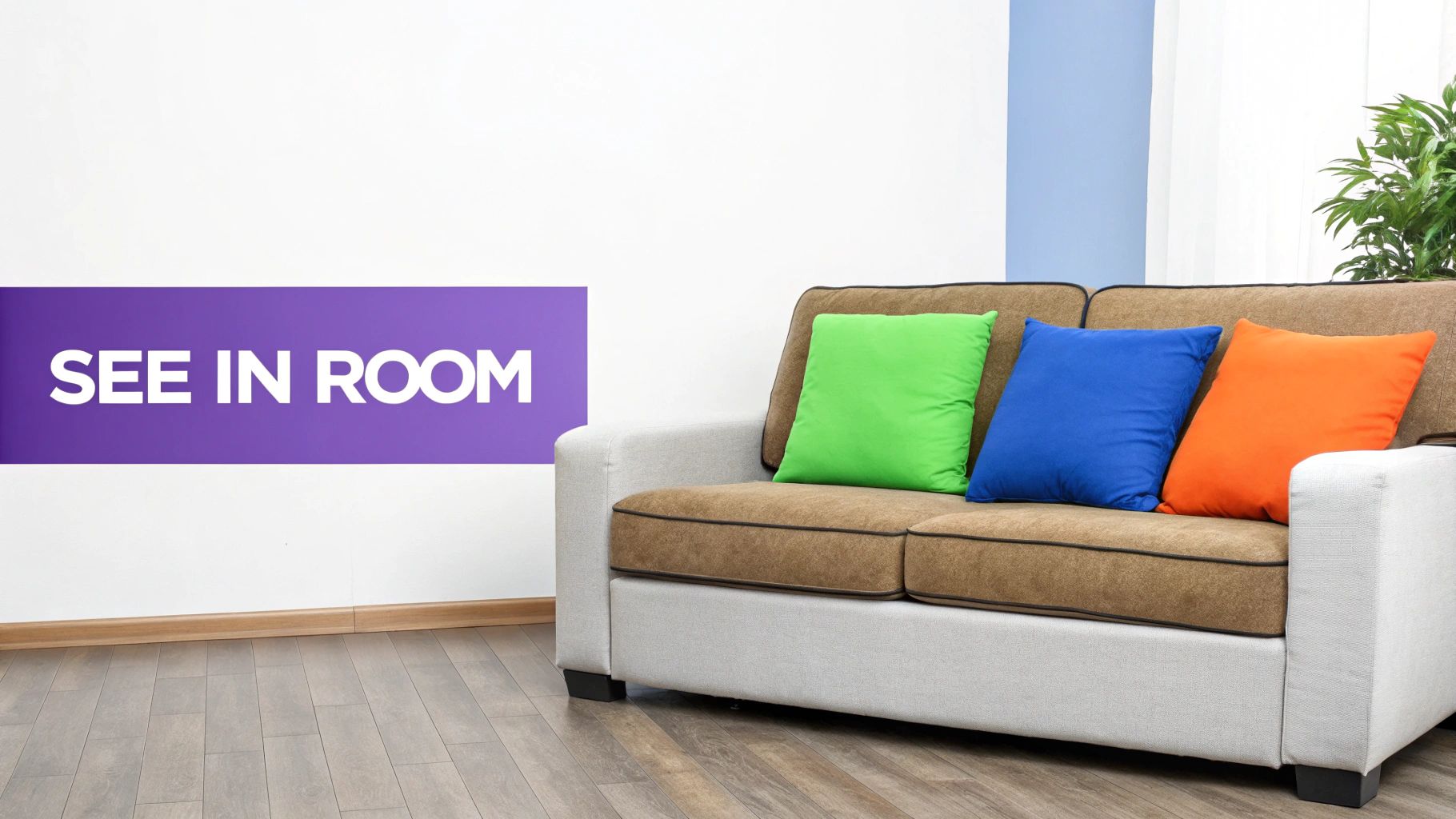 A hyper-realistic photo of a modern sofa staged in a bright, contemporary living room, generated by AI.