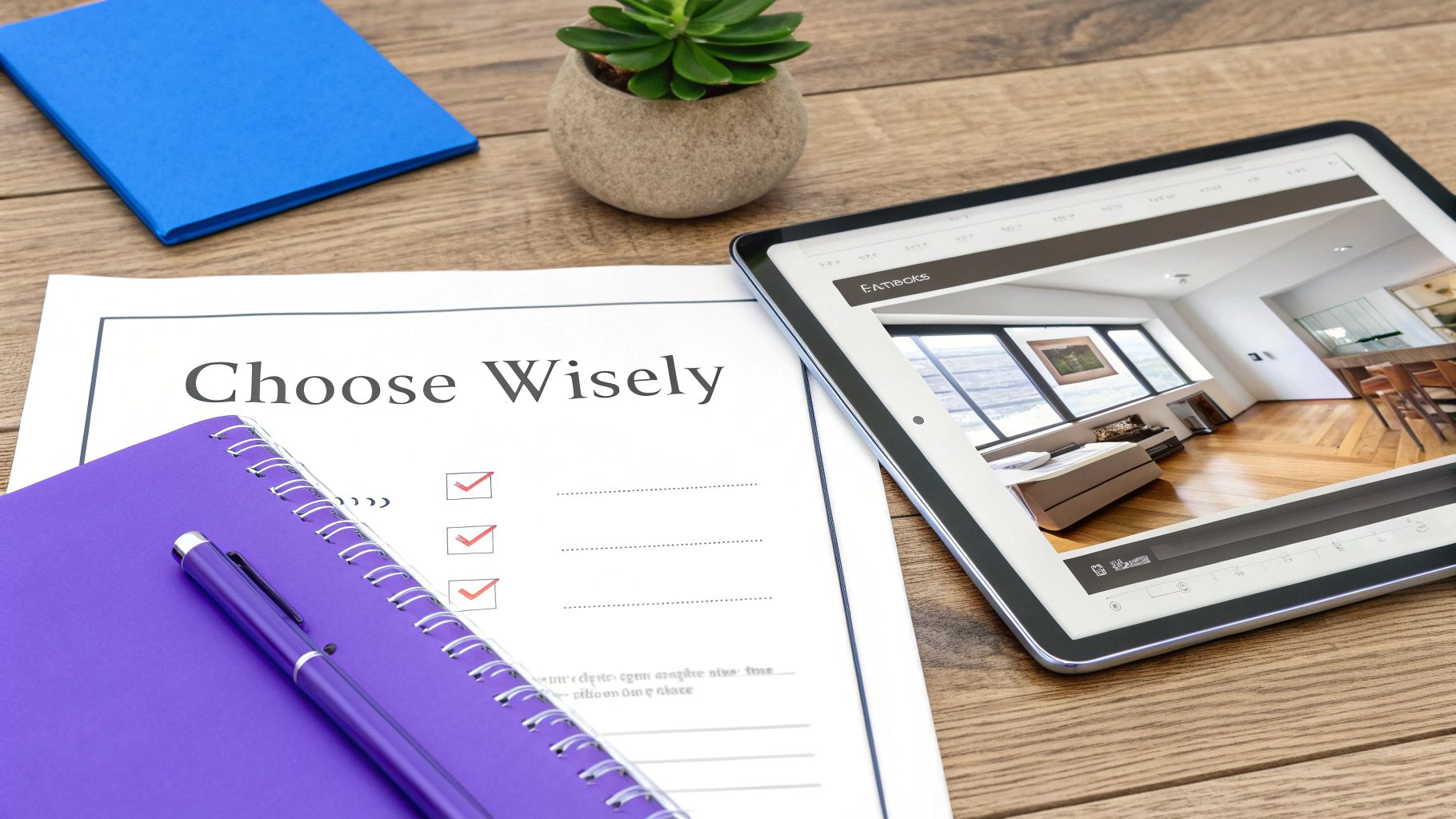 A flat lay of a wooden desk with a 'Choose Wisely' document, a tablet displaying a modern home interior, a purple notebook with a pen, a blue folder, and a small plant.