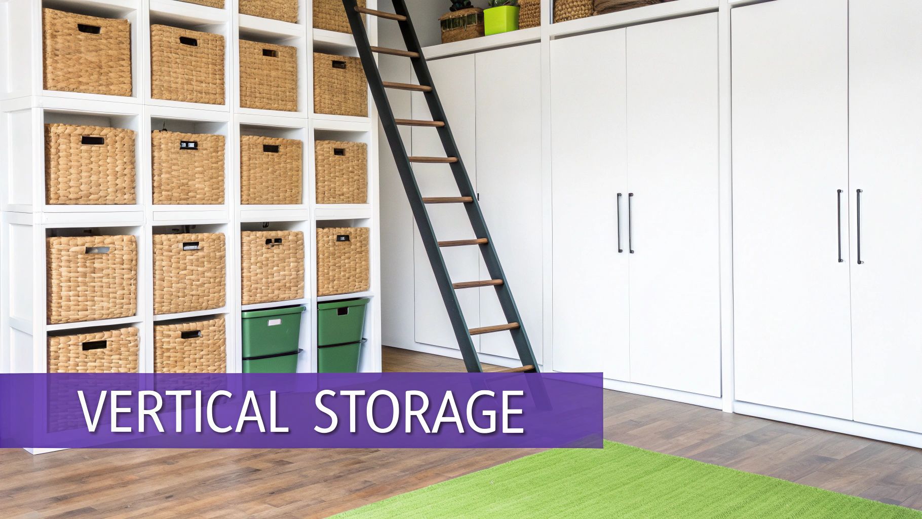 A modern room featuring white vertical storage shelves filled with wicker baskets, green bins, and a tall ladder.