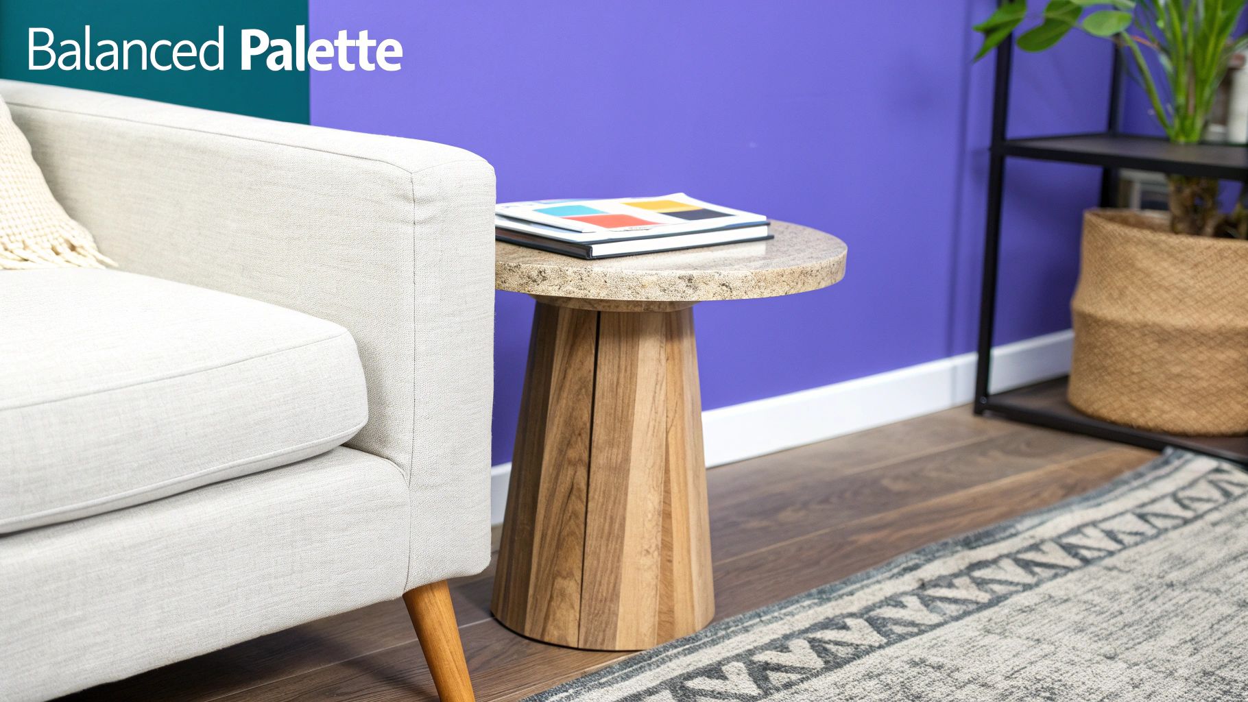 A vibrant drawing room with a cream sofa, a modern wood and stone side table, and a purple wall.