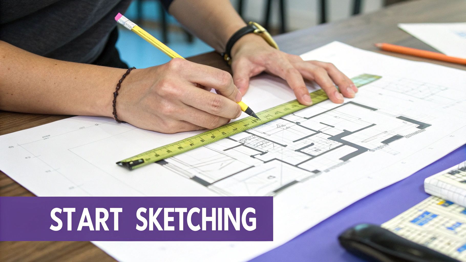Person's hands using a ruler and pencil to sketch an architectural floor plan, emphasizing design work.