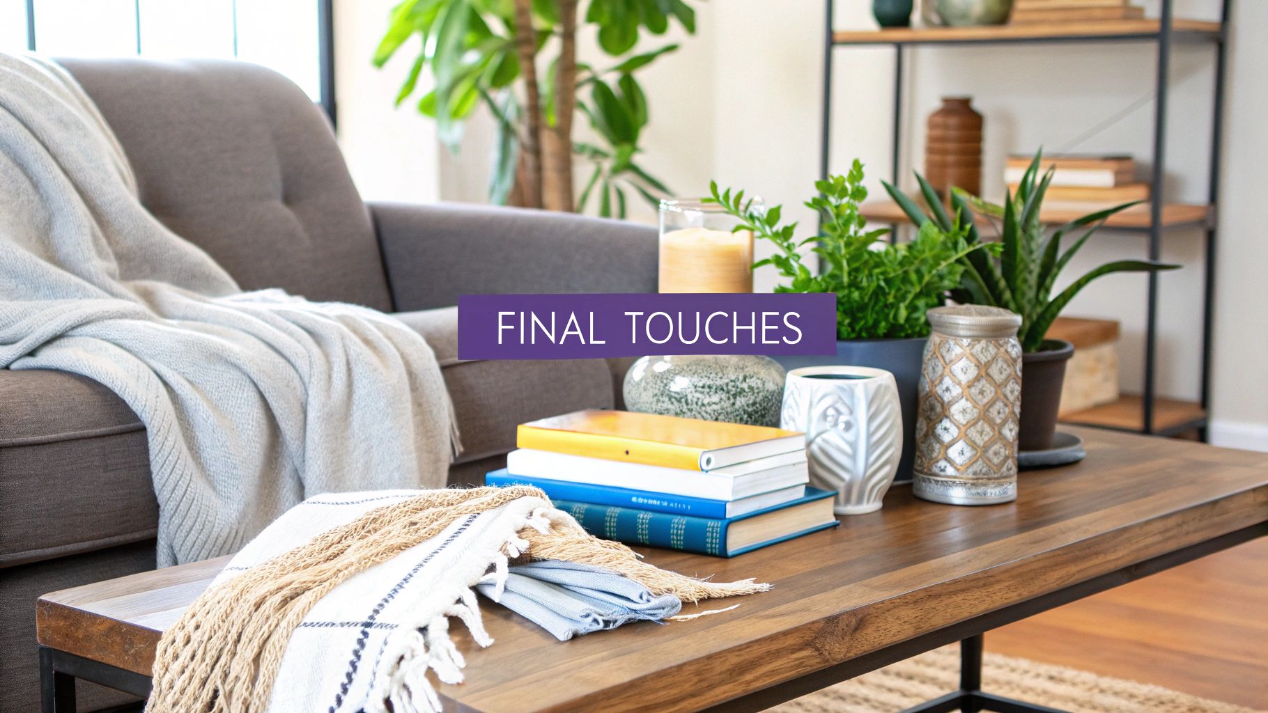 A stylish and cozy living room featuring a grey sofa, wooden coffee table with books, plants, and decorative items, creating a welcoming atmosphere.