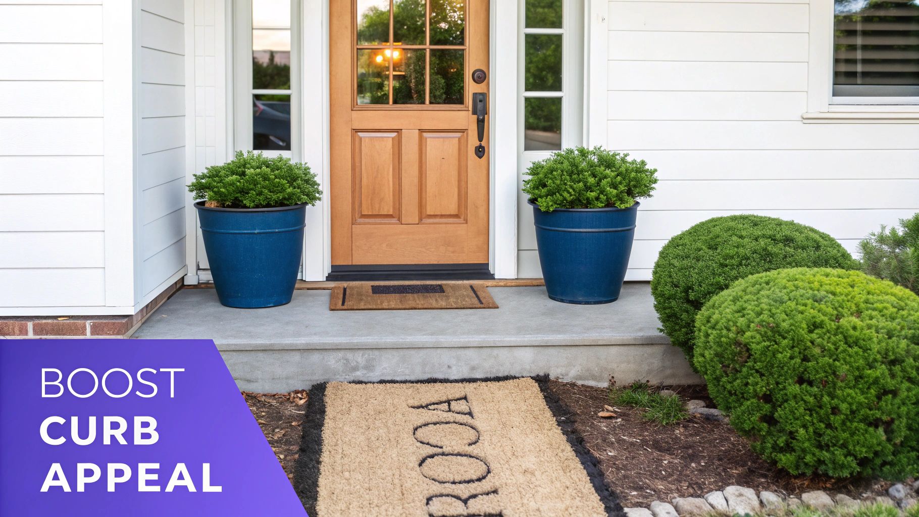 A well-maintained home entrance featuring a wooden door, blue planters, and lush green shrubs.