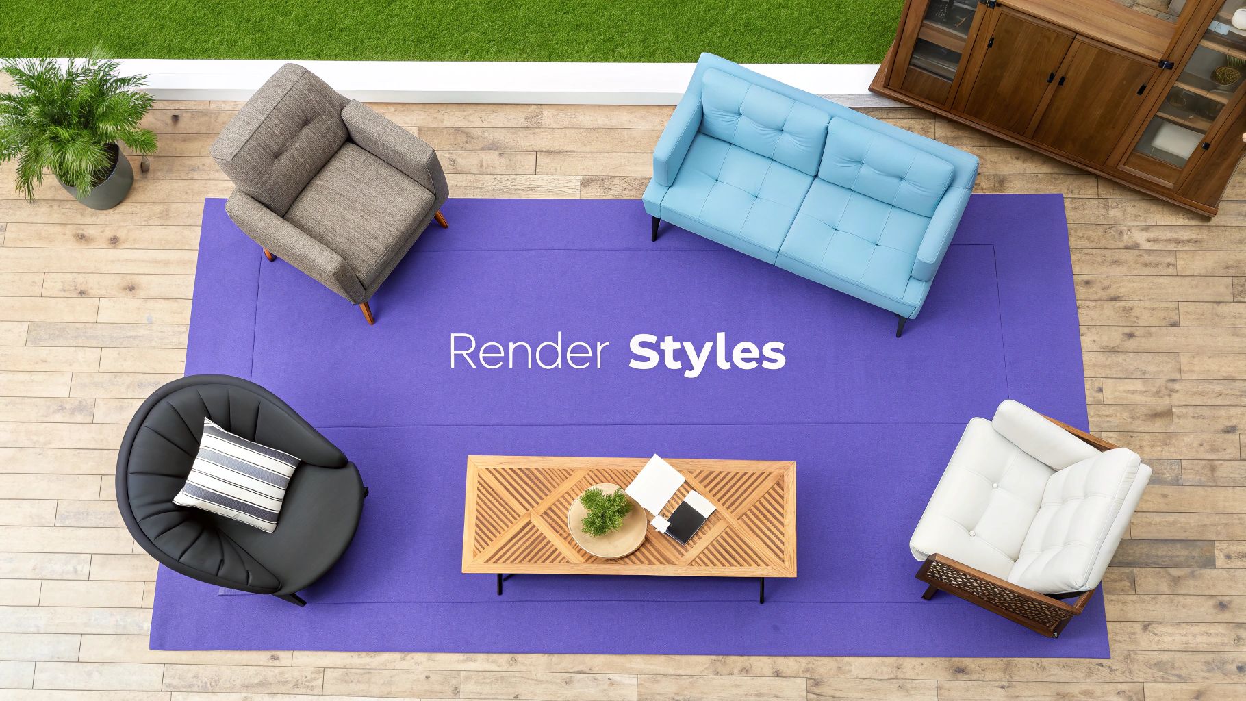 A detailed 3D rendered floor plan showcasing multiple rooms from a dollhouse perspective, with stylish furniture and lighting.