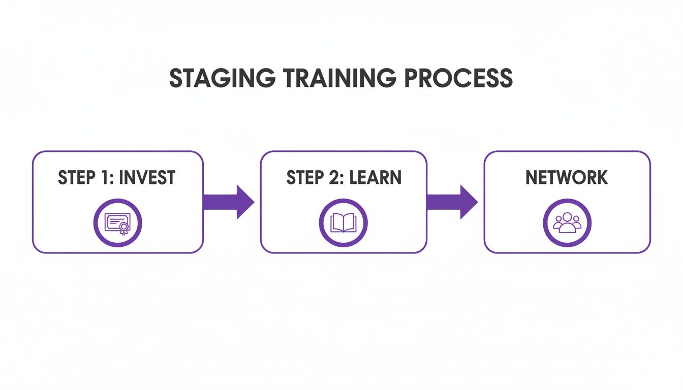 Flowchart illustrating the staging training process, showing steps: Invest, Learn, and Network with icons.