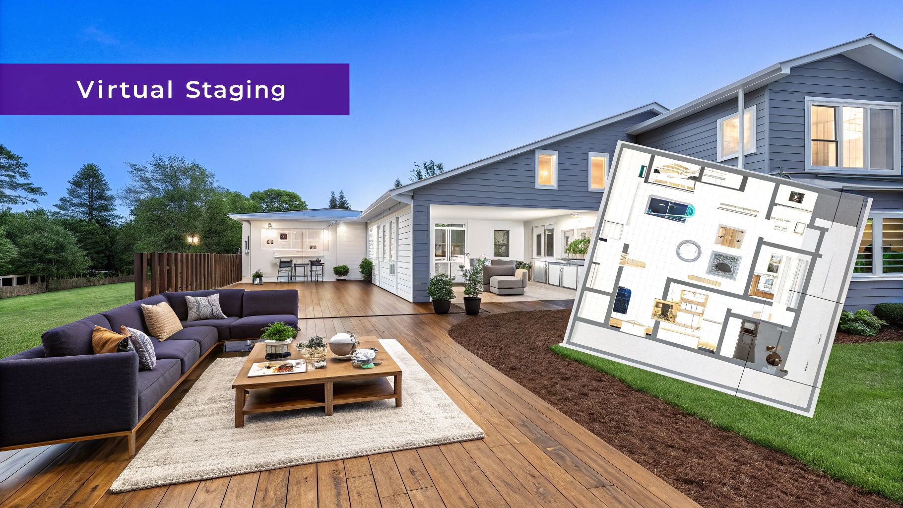 A rendered floor plan of a stylish, modern apartment living room, featuring furniture from well-known brands.