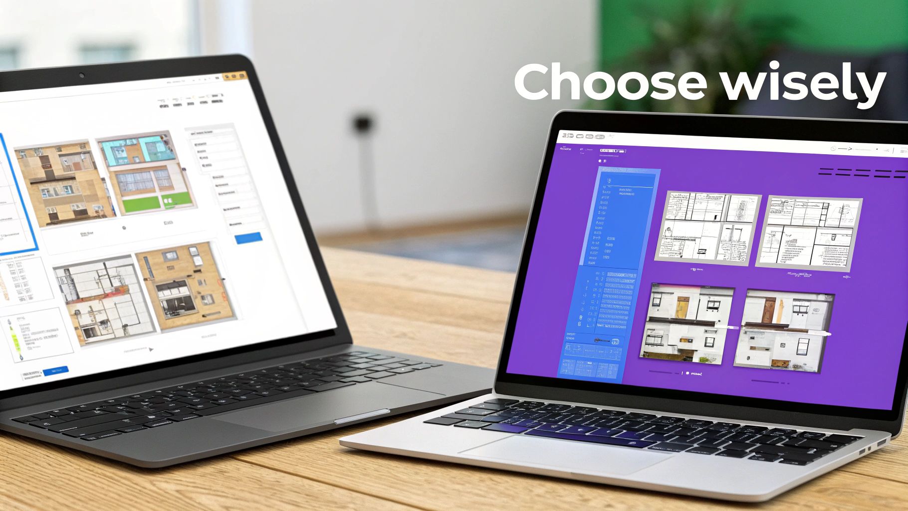 Two laptops on a wooden table displaying room layouts and architectural designs, with the text 'Choose wisely'.