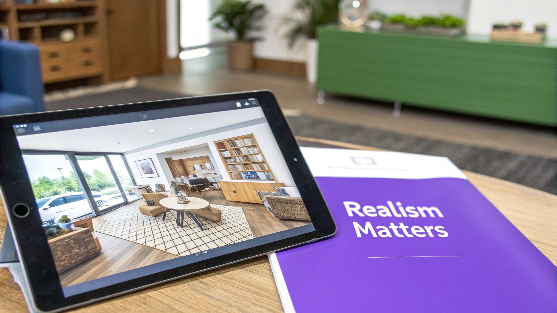 Tablet displays virtual staging rendering of a modern living room. A 'Realism Matters' document rests nearby.