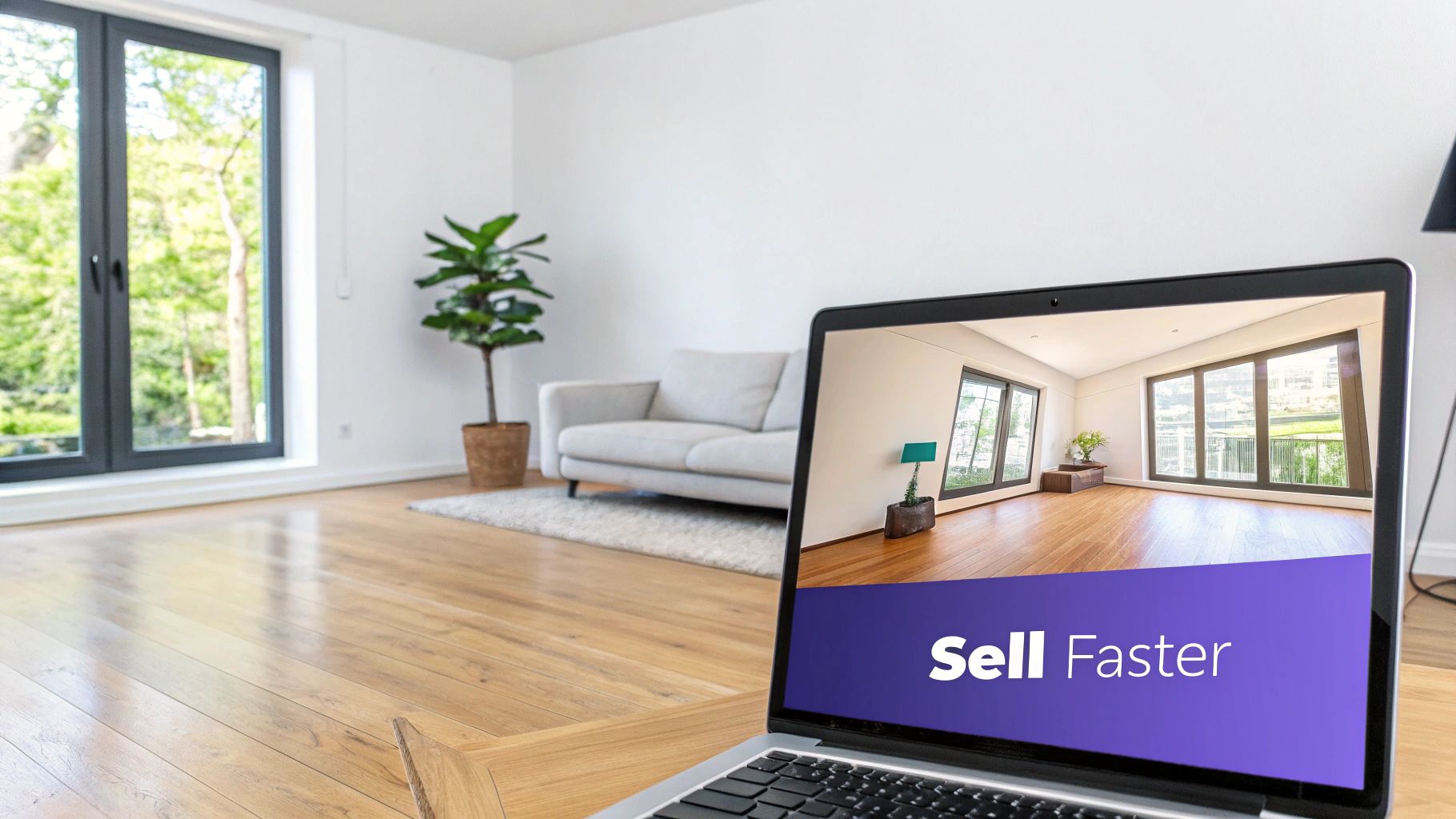 A virtually staged modern living room with large windows showing a city view at dusk.