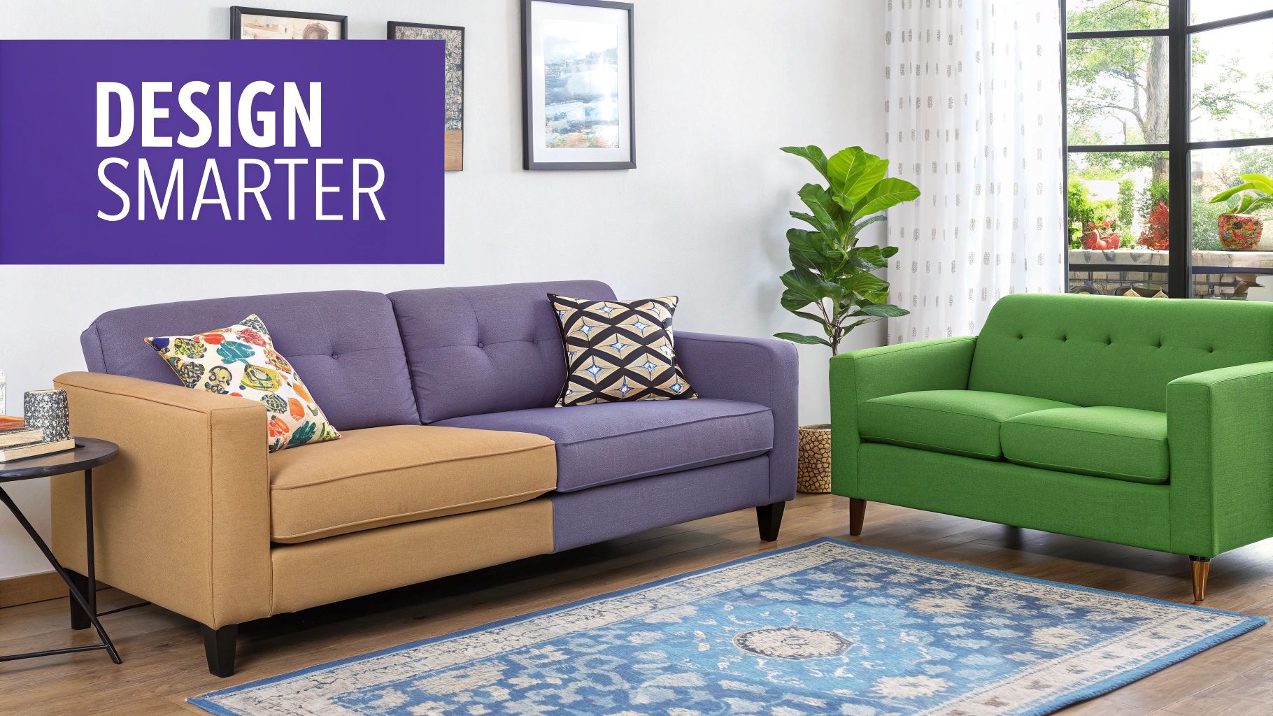 A stylish living room with a comfortable sofa and tasteful decor, showcasing the potential of AI interior design.