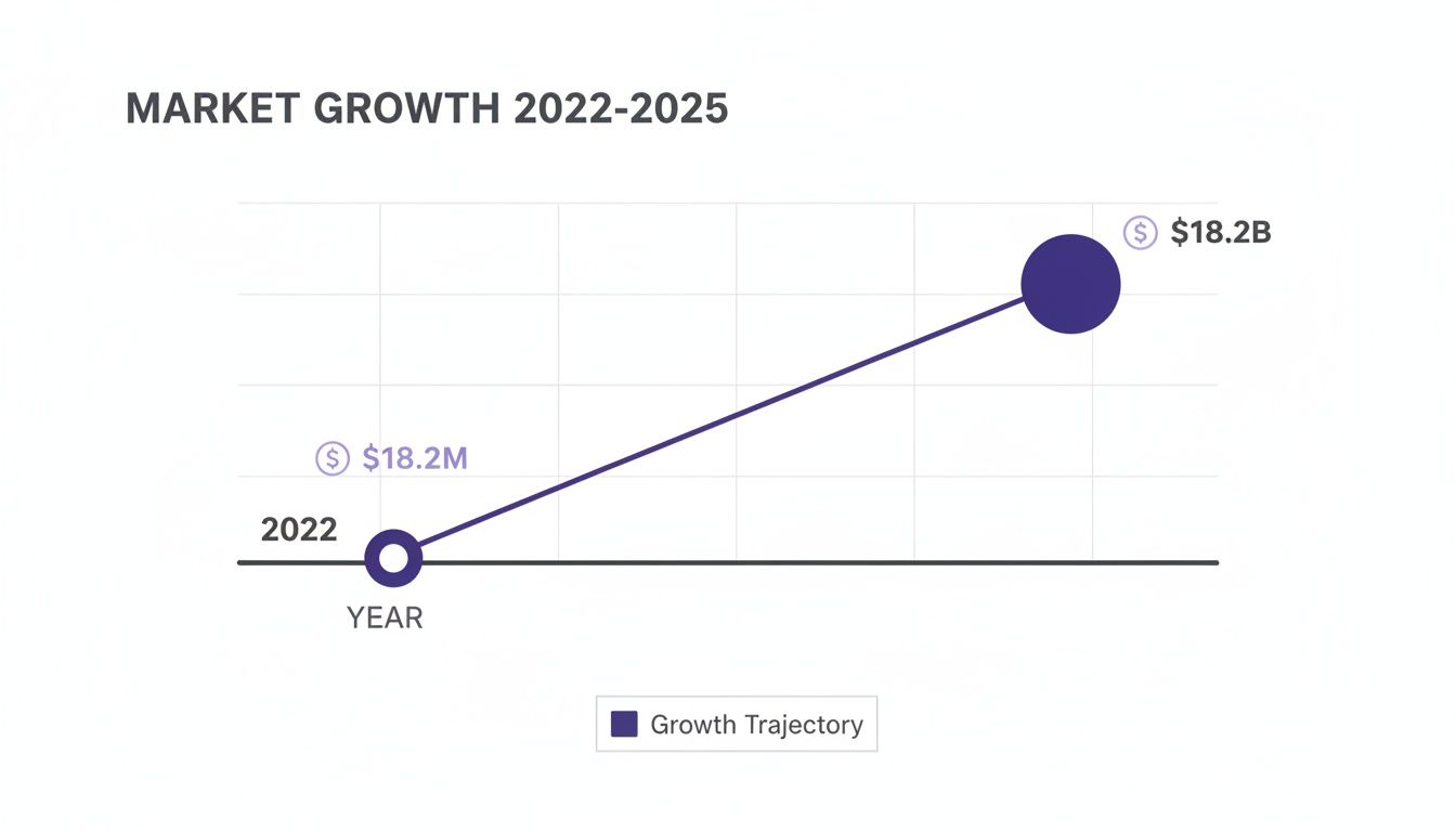 Line chart showing significant market growth from $18.2M in 2022 to $18.2B in 2025.