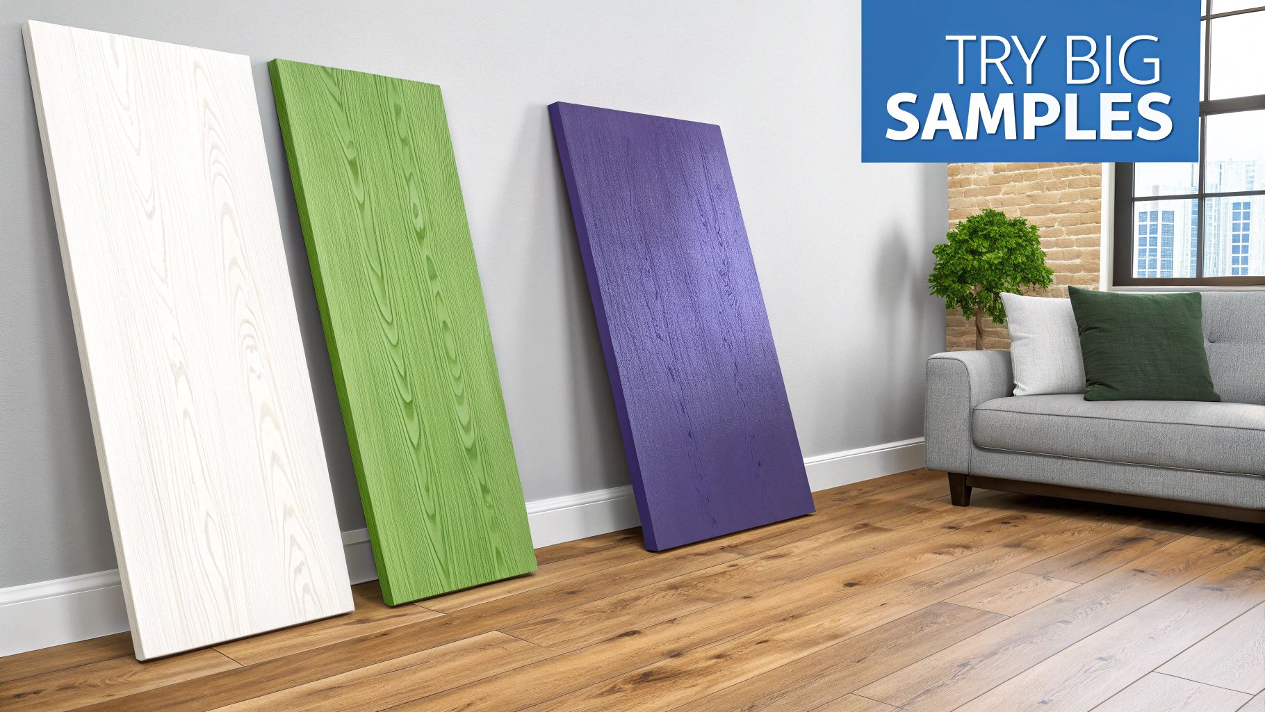 Three large white, green, and purple wood grain samples lean against a wall in a modern living room.