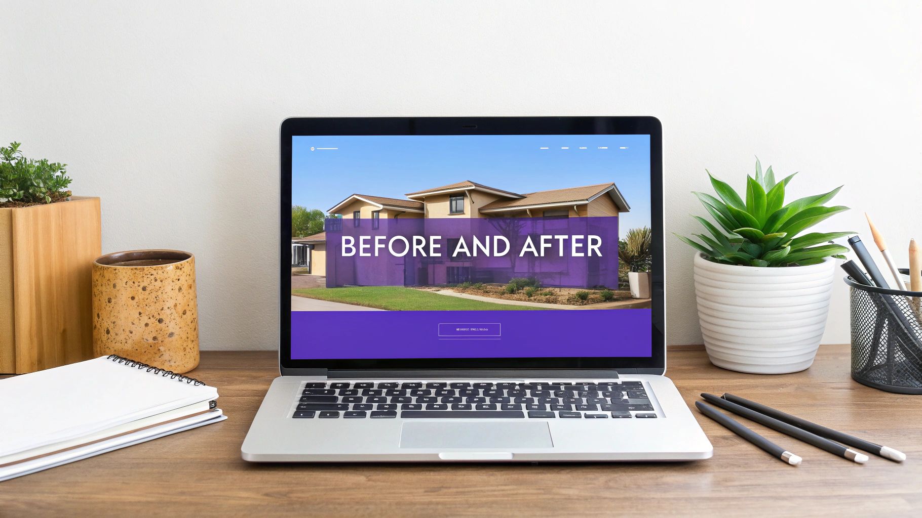 Laptop screen shows a before and after image of a modern house, on a desk with plants.