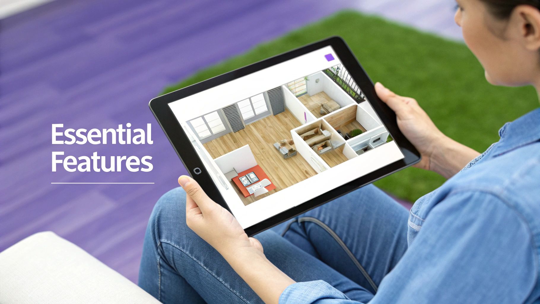 A person holds a tablet displaying a 3D floor plan, with 'Essential Features' text on the left.