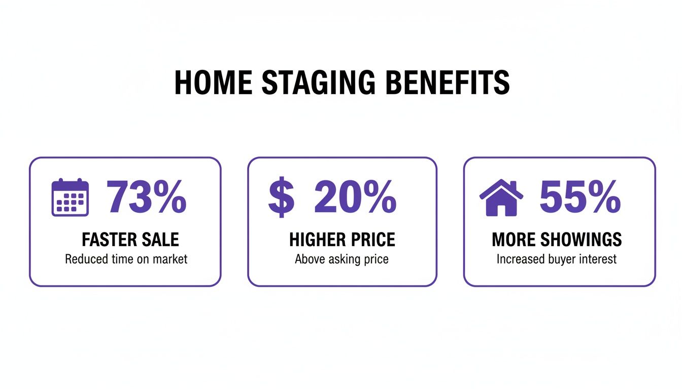 Infographic detailing home staging benefits: 73% faster sale, 20% higher price, 55% more showings.