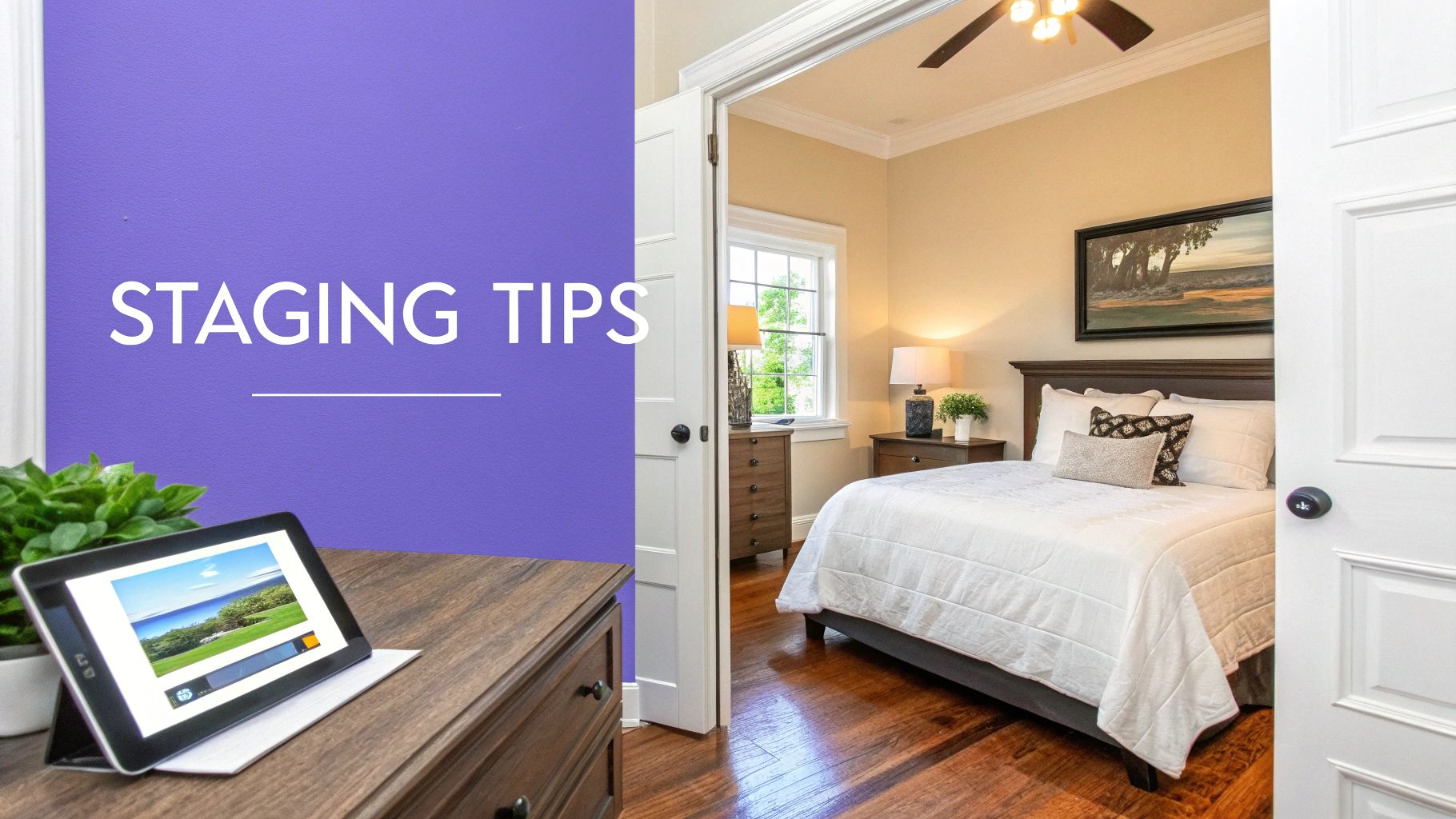 A purple wall with 'STAGING TIPS' next to a beautifully staged bedroom, featuring a bed, lamps, and a tablet.
