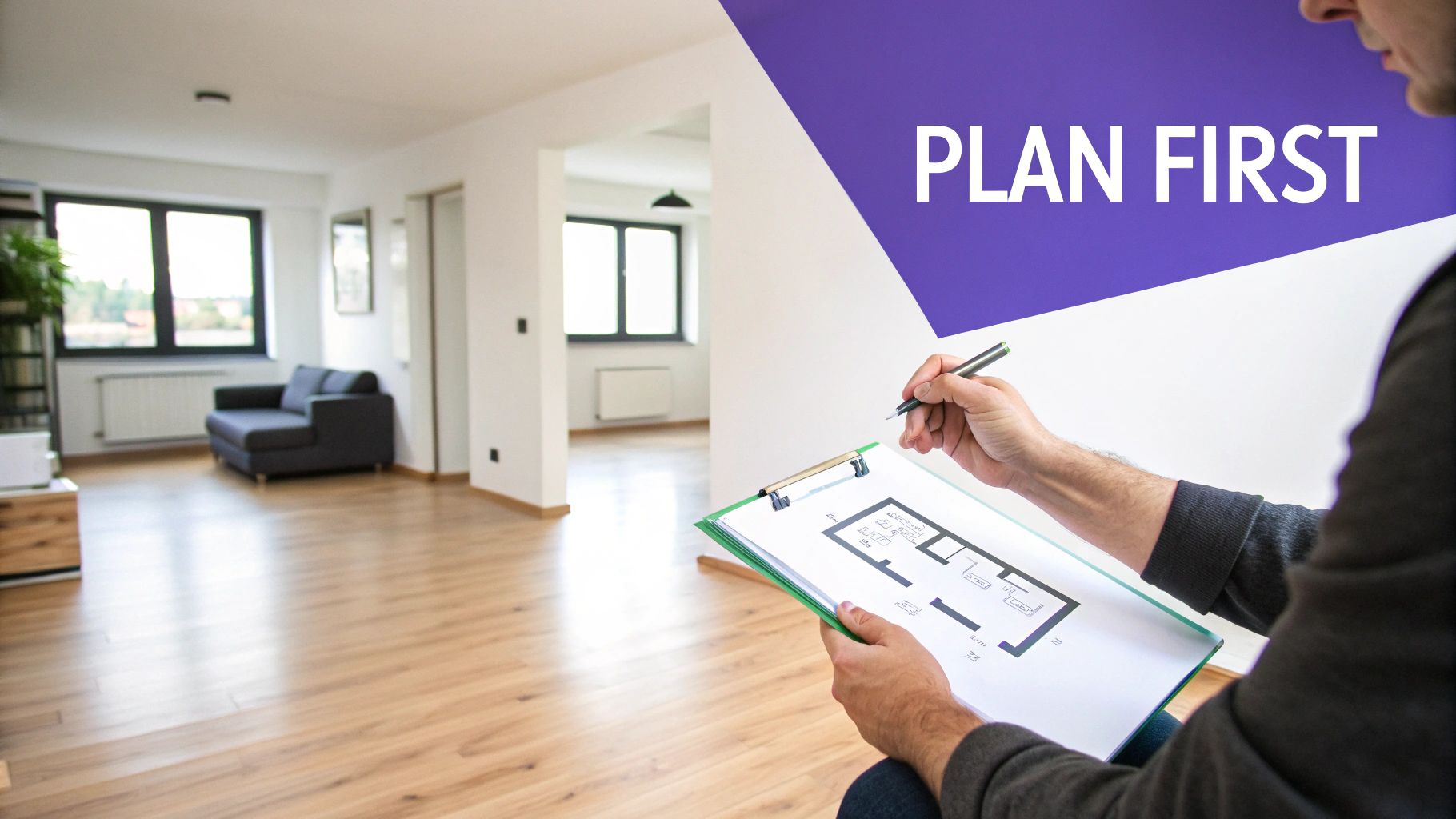 A well-planned living room layout with a sofa, chairs, and a large window.