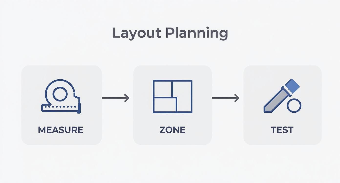 A diagram illustrating the layout planning process with three steps: measure, zone, and test, each with an icon.