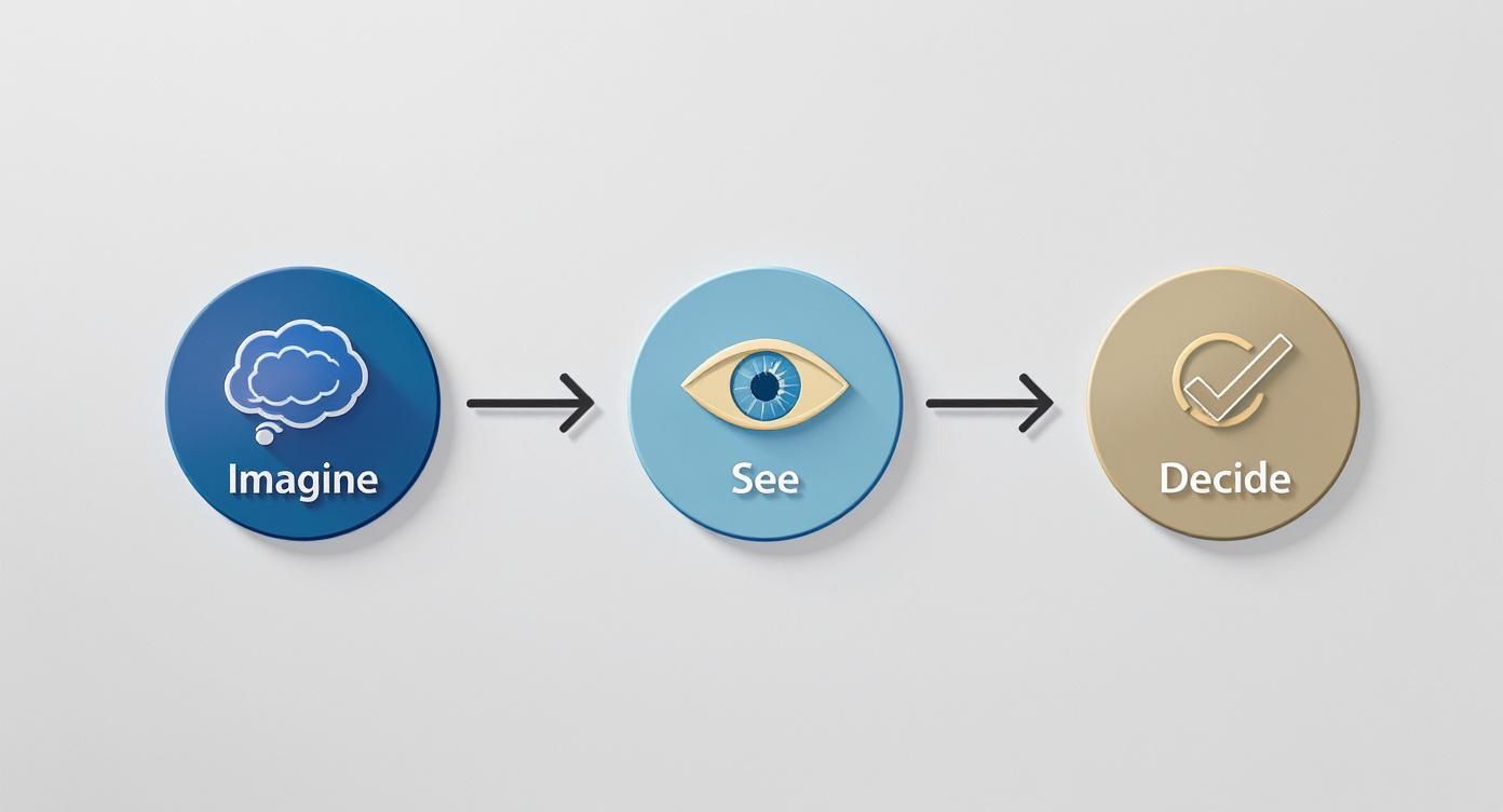 Infographic visualizing the interior design process with icons for Imagine, See, and Decide.