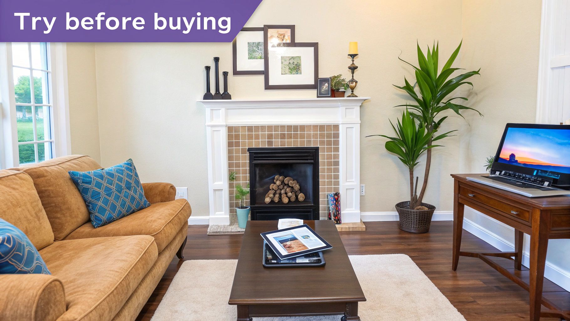 Warm living room with a fireplace, a brown sofa, coffee table, and large green plant.