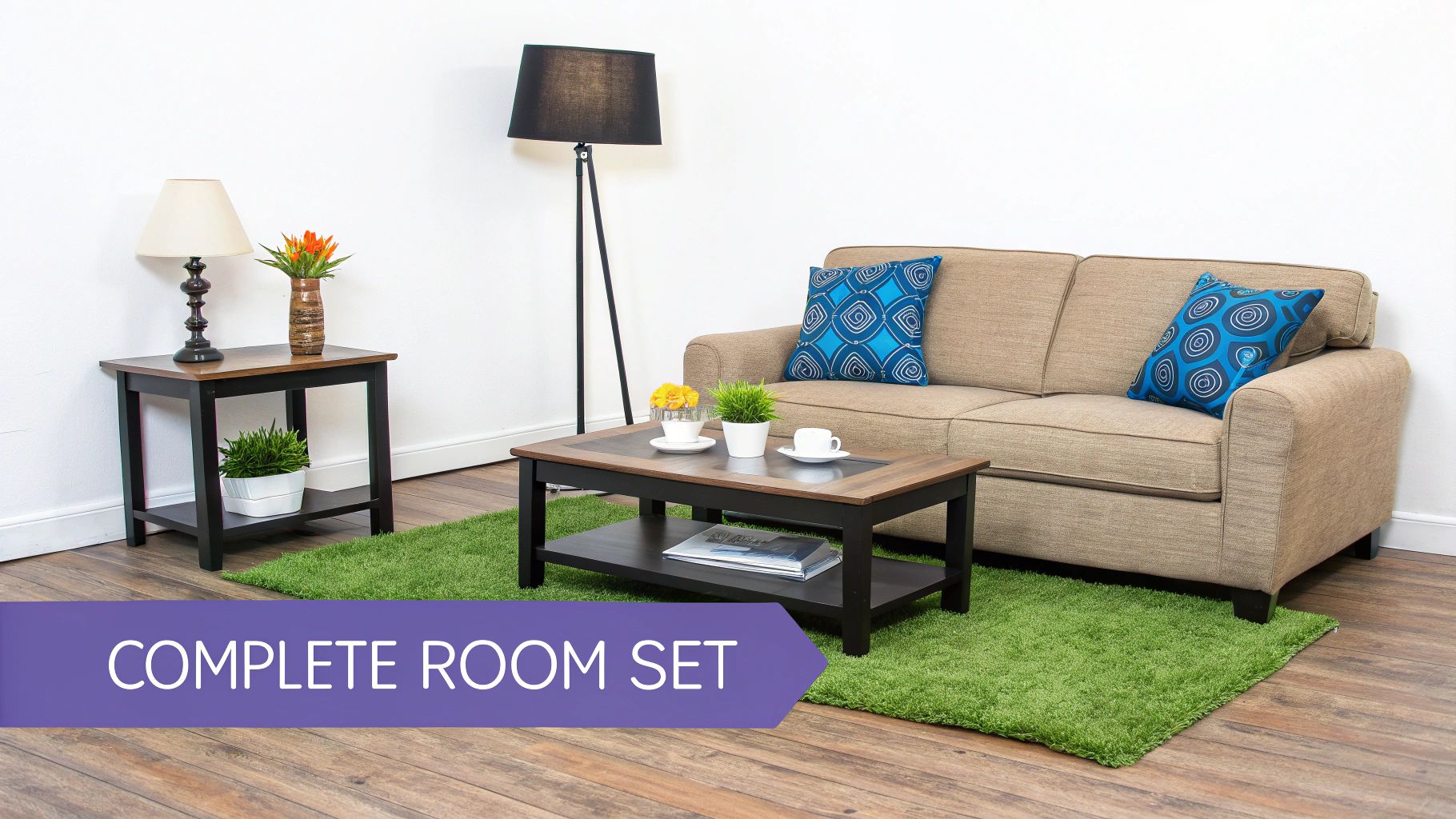 A complete living room set with a beige sofa, two dark wood tables, a green shag rug, and lamps.