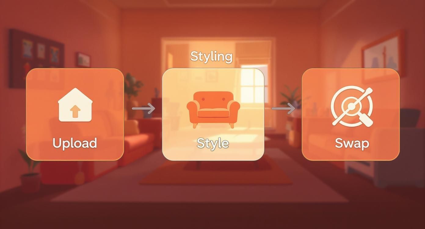 A three-step virtual home staging process: upload, style furniture, and swap items.