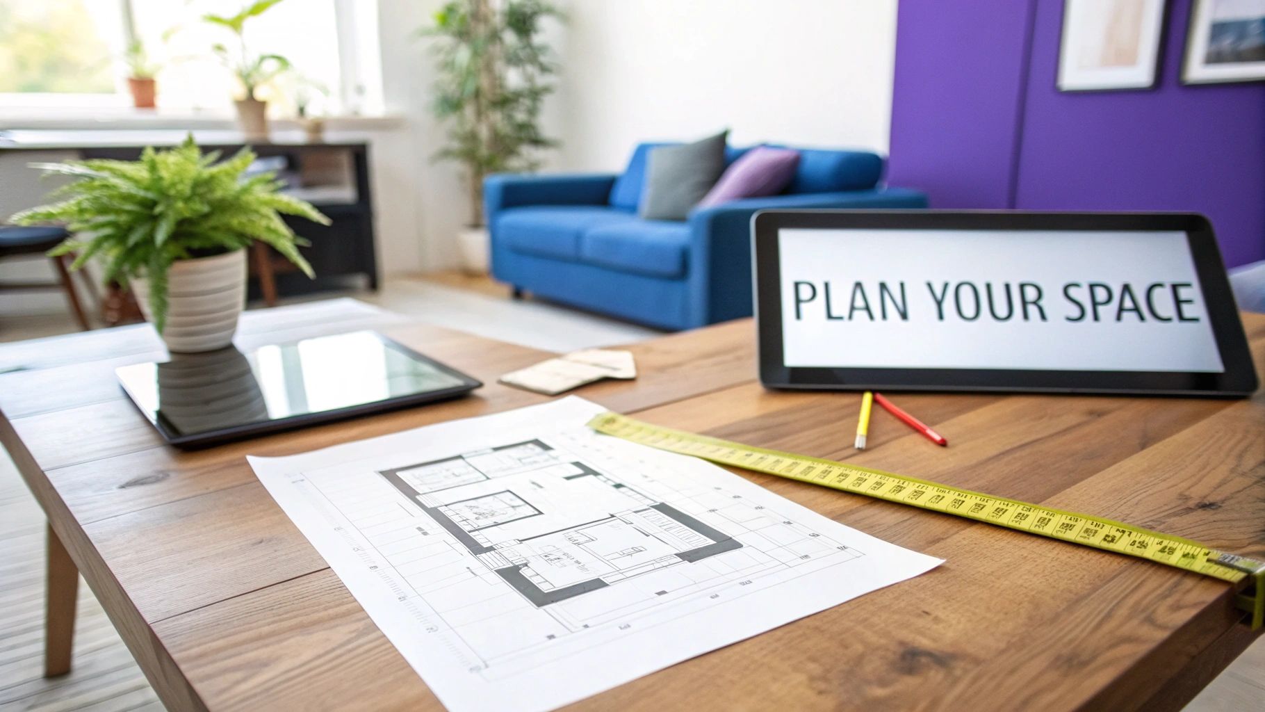 Table with interior design tools: floor plan, measuring tape, and a tablet displaying 'PLAN YOUR SPACE'.