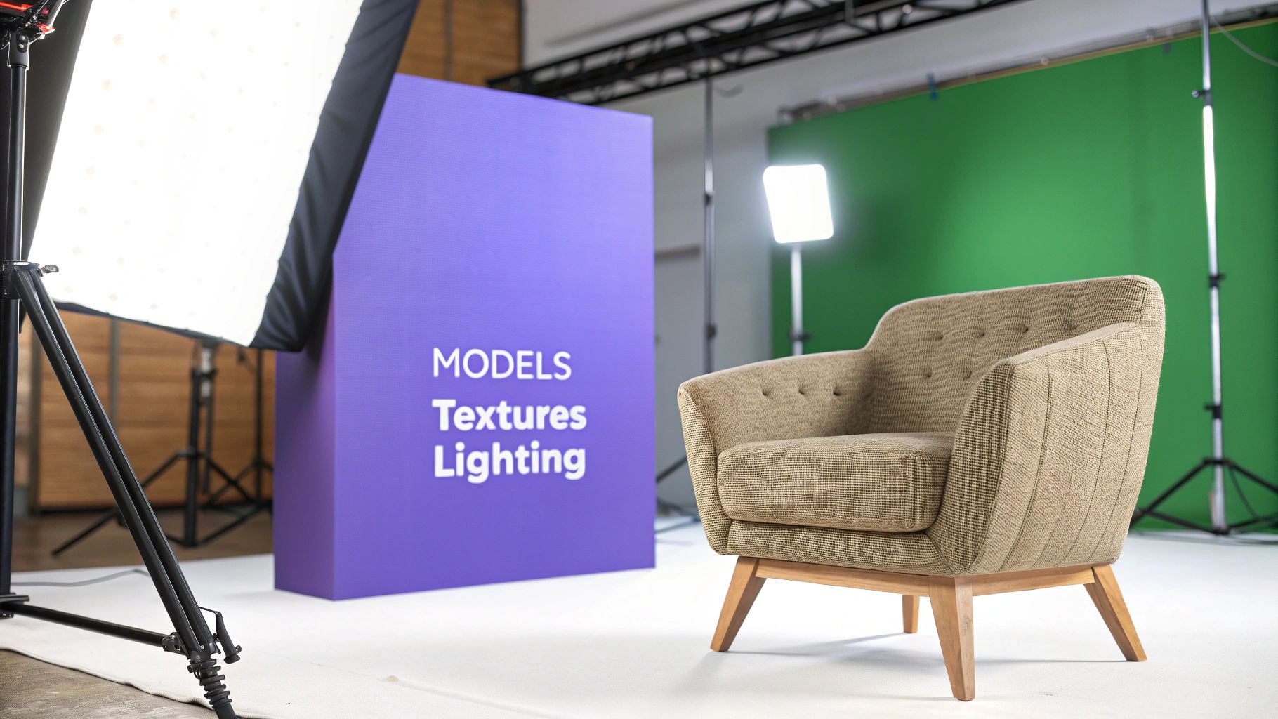 A close-up view of a 3D rendered interior, highlighting the textures of a fabric sofa and the reflection on a wooden floor, demonstrating the building blocks of rendering.