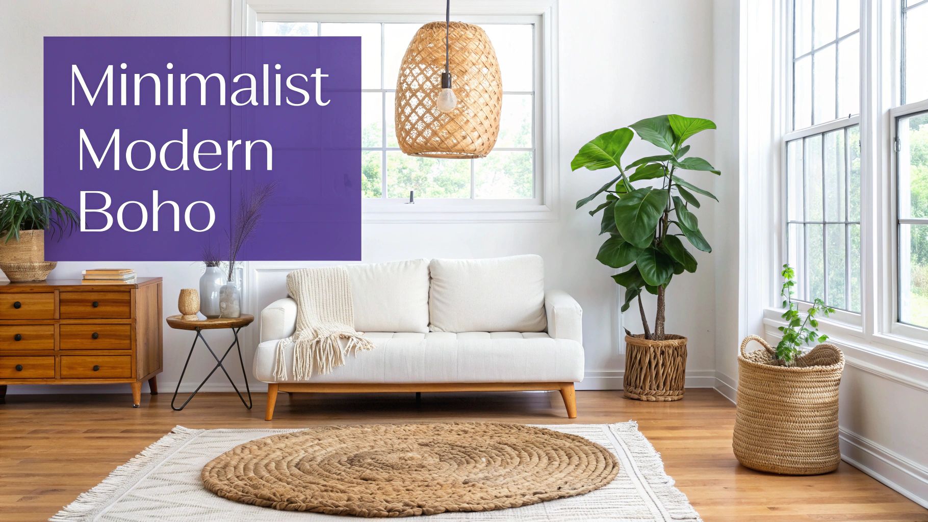 A bright minimalist modern boho living room with a white sofa, wooden furniture, and potted plants.