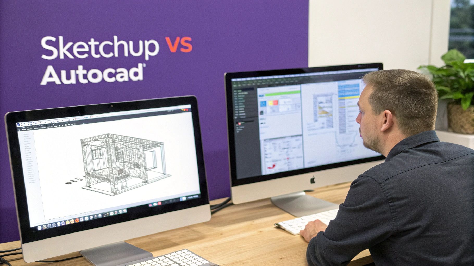 A professional interior designer reviews technical 2D blueprints on one screen while looking at a 3D model of the same room on another.
