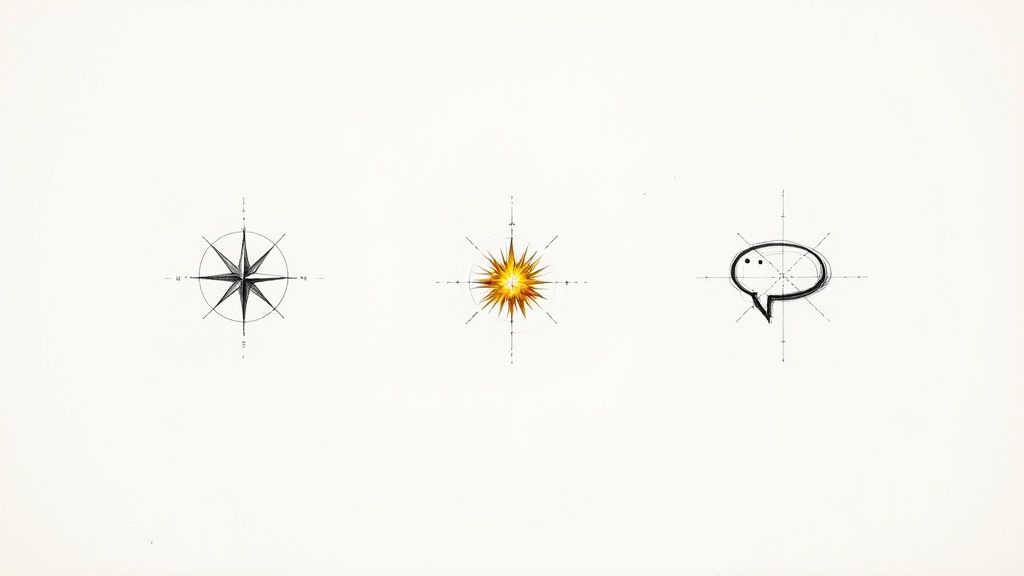 A mood board with sketches, color palettes, and inspirational images for creating a custom app icon.