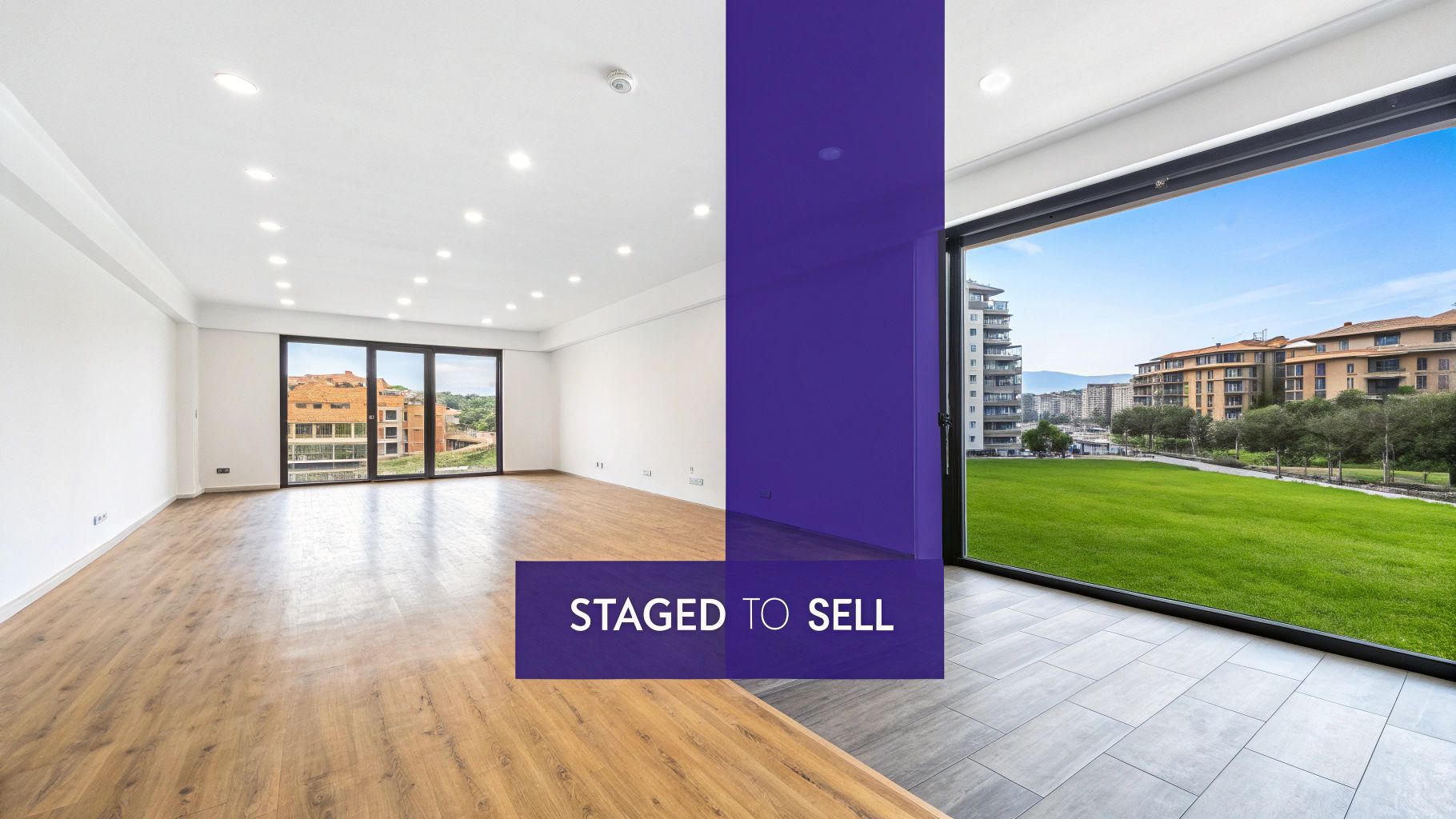 Split image of an empty room, left side with wood floor, right side with grey tiles.