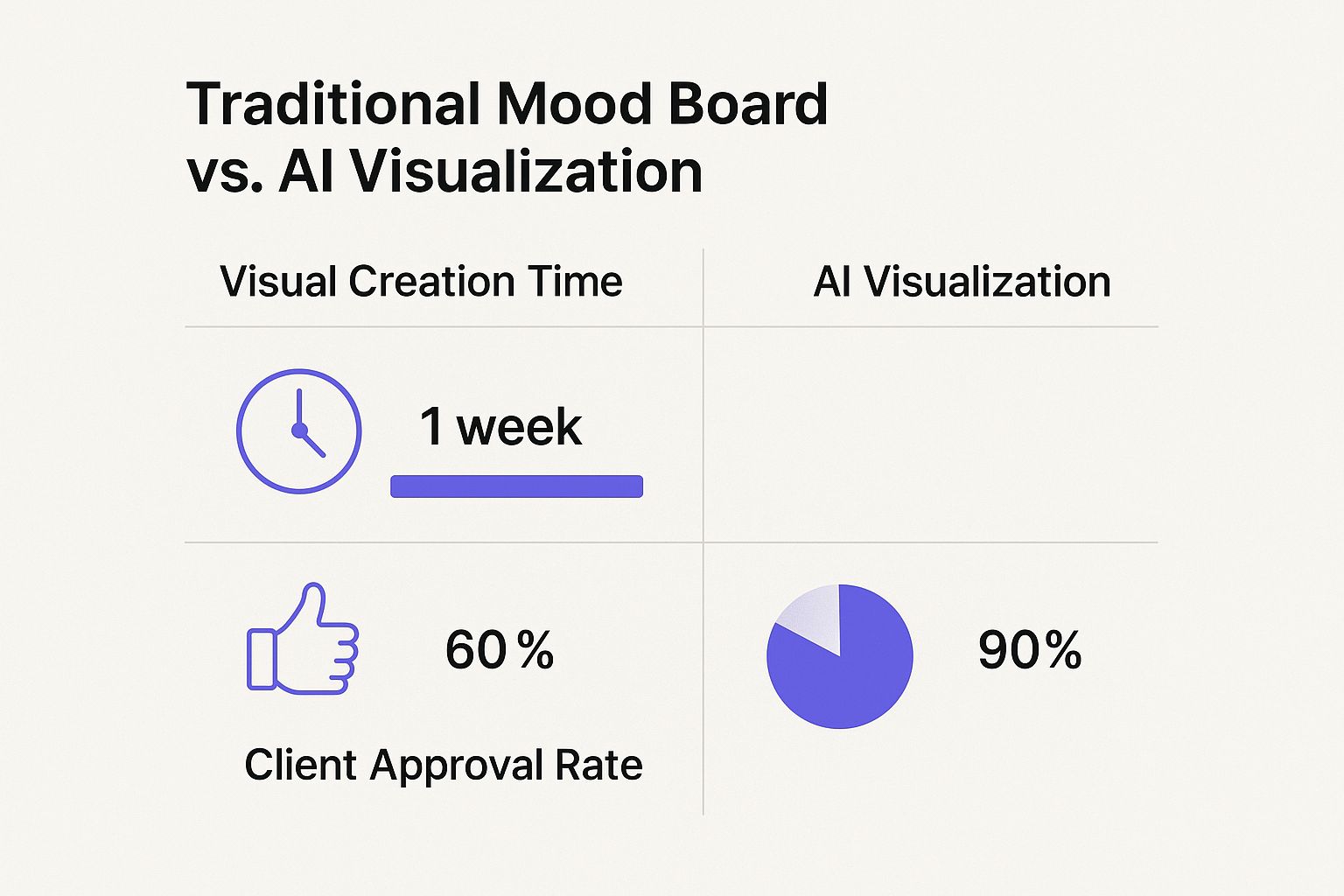 Infographic comparing the visual creation time and client approval rate between traditional mood boards and AI visualization.