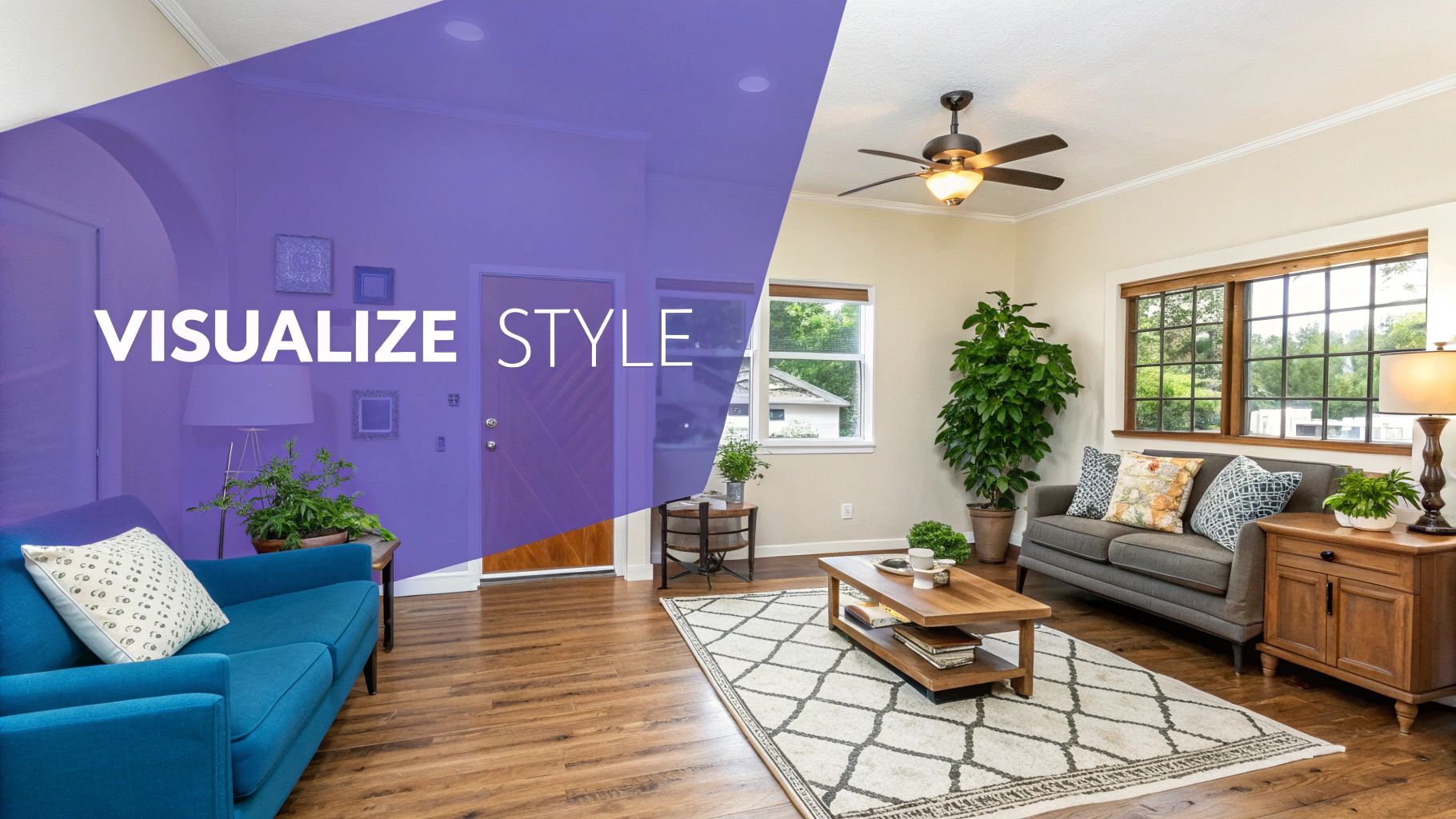 A bright living room with stylish furniture and a text overlay 'VISUALIZE STYLE' for home decor.