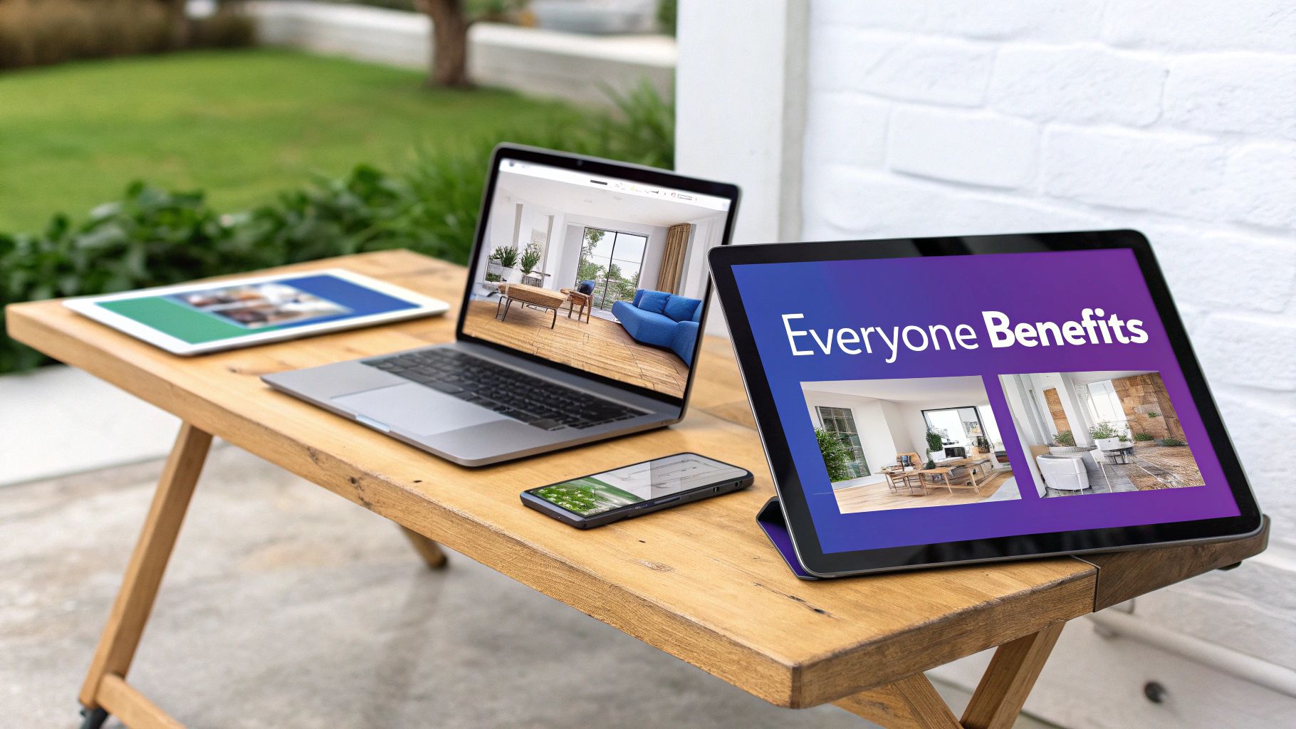 Multiple digital devices on a wooden table outdoors, displaying virtual interior designs and plans.