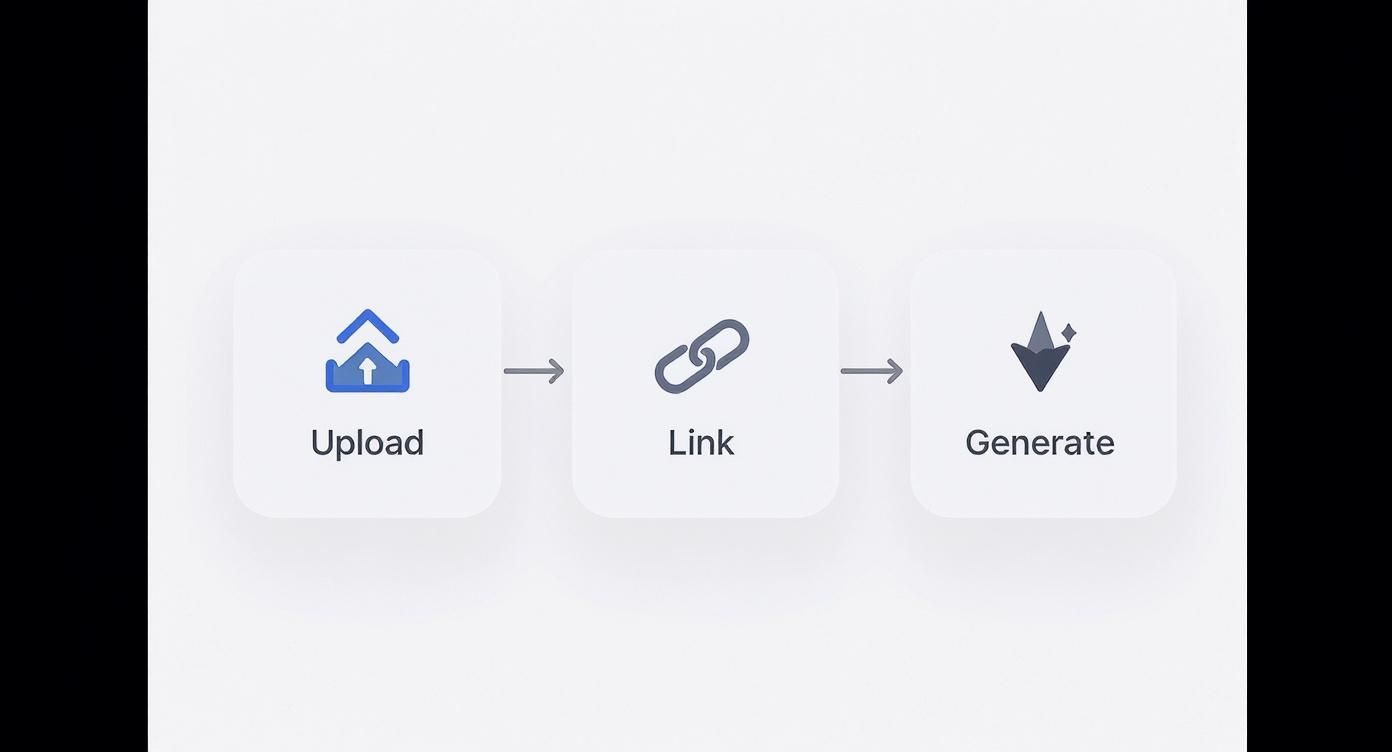 Infographic showing a three-step process for virtual staging Upload, Link, Generate