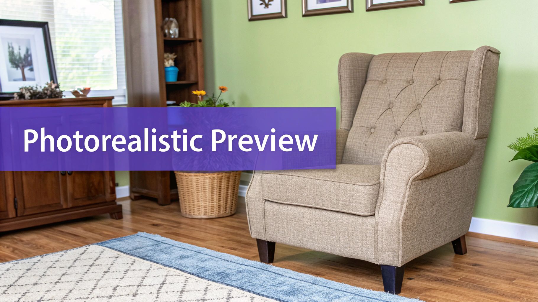 A hyper-realistic living room design created by aiStager, showcasing accurate furniture dimensions and lighting.